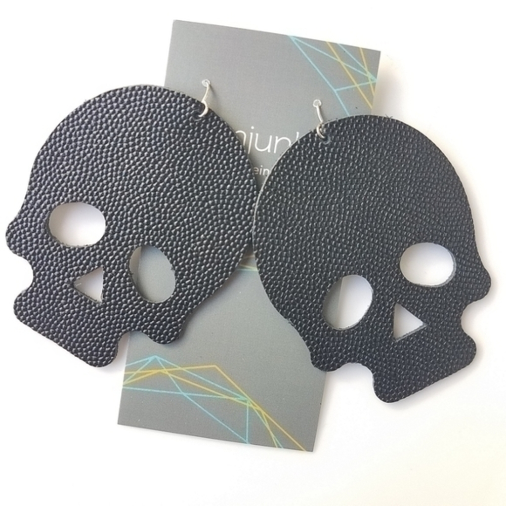 Big Skull Earrings‎ NWT Black Italian Caviar Leather Handmade Statement Jewelry